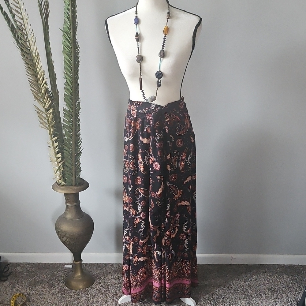 Robert Louis Black, Rust, and Pink Paisley Tie Waist Maxi Skirt